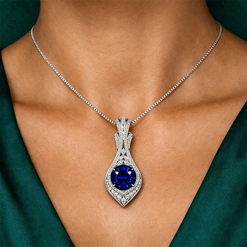 Round Cut Blue & Multi Cut White Sapphire Occasion Necklace