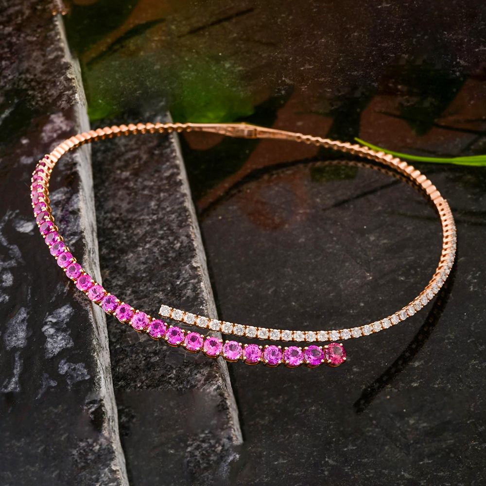 Two Tone Pink&White Sapphire Open Choker Necklace