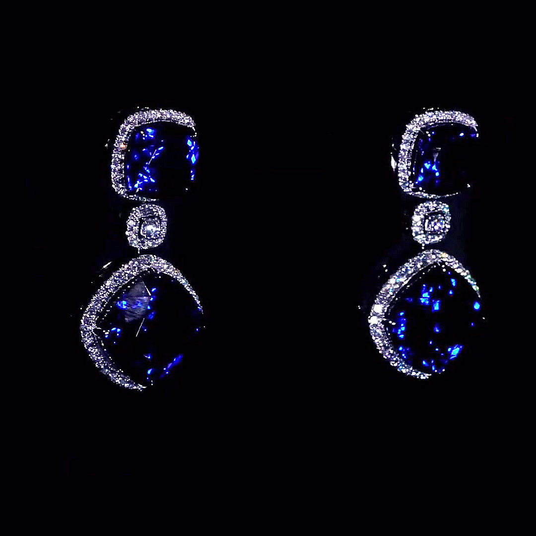 Cushion Cut Blue Sapphire Necklace&Earrings Set/2pcs