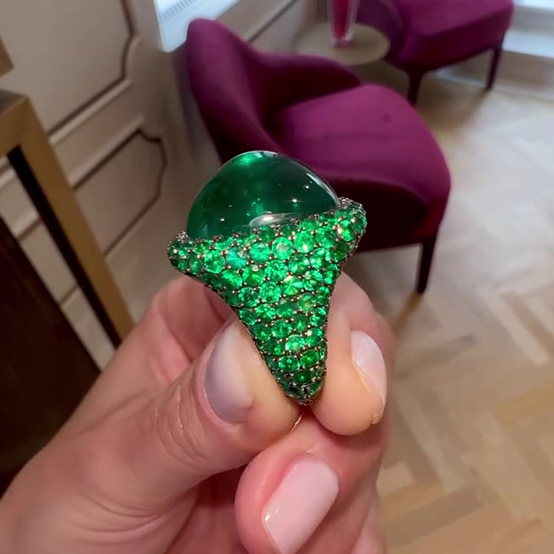 Full Pavé 8ct Emerald Sapphire Cabochon Cut Engagement Ring