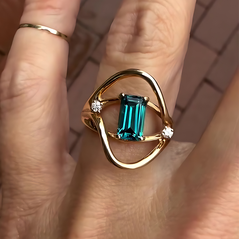 2ct Emerald Cut Teal Tourmaline Open-Frame Ring