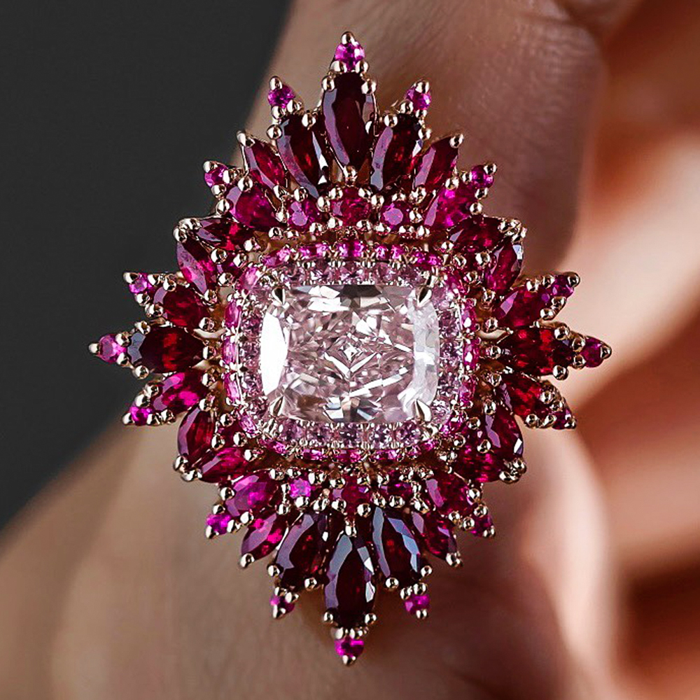 Ruby Halo 8ct Cushion Cut Pink Sapphire Cocktail Ring