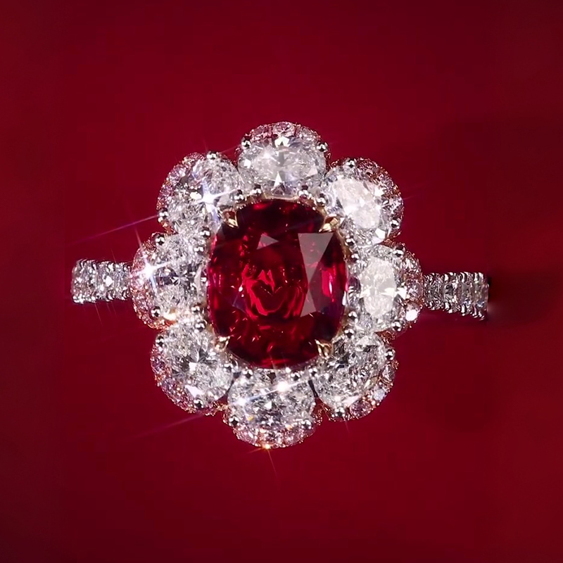 Romantic Floral 3ct Oval Cut Vivid Red Ruby & White Sapphire Statement Ring