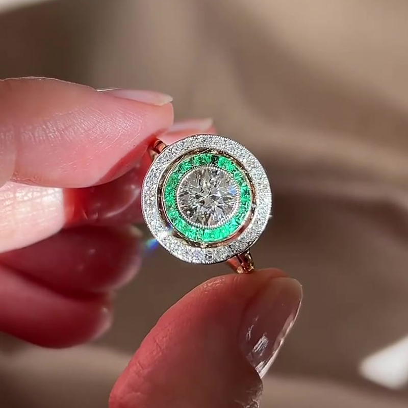 Emerald & White Sapphire Round & Princess Cut Halo Engagement Ring