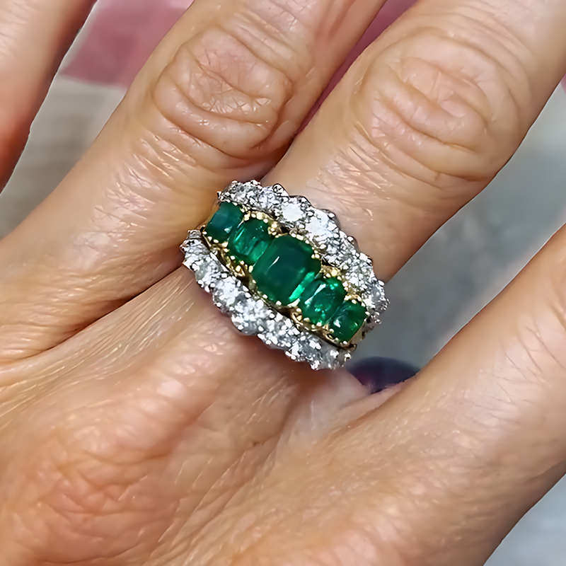 Vintage Emerald Step Cut & Diamond Two-Tone Gold Eternity Band