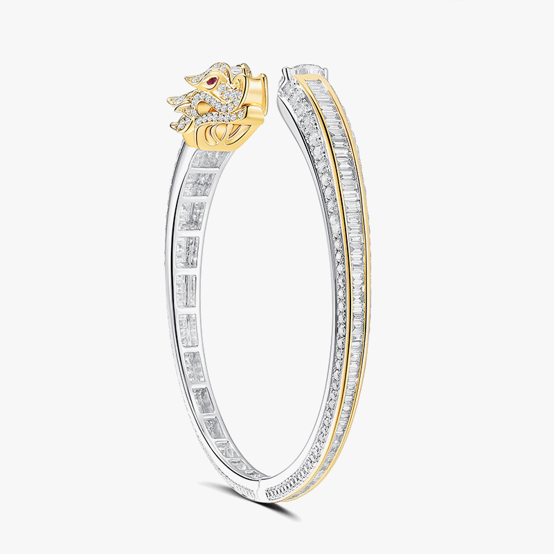 Art Multi-Cut White & Ruby Sapphire Two-Tone Dragon Open Cuff Unisex Bracelet