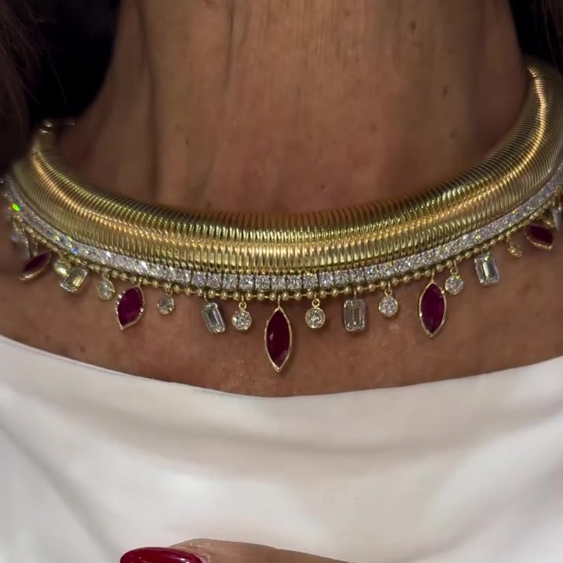 Tubogas Red & White Sapphire Fringe Choker Necklace