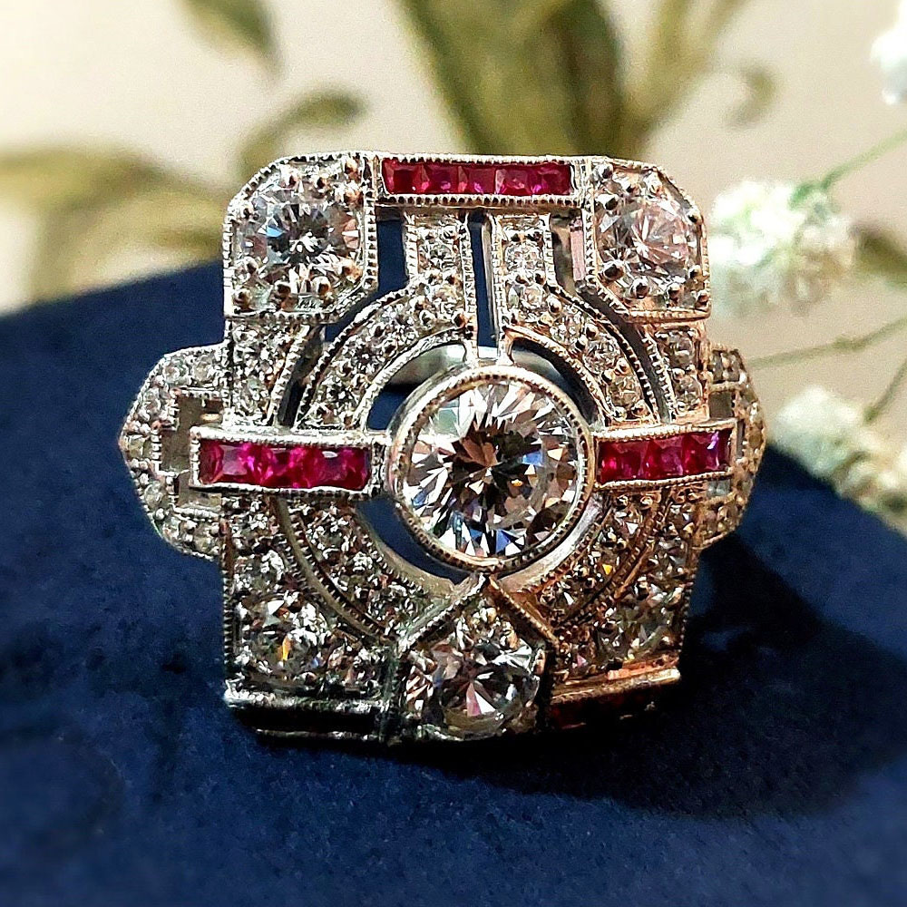 Art Deco 1ct Round Cut White Sapphire Cocktail Ring