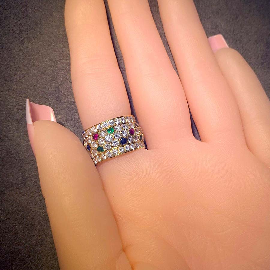 7.35ct Round Cut Rainbow Sapphire Wide Band Ring