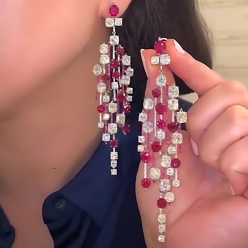 Ruby & White Sapphire Multi-Tier Chandelier Earrings