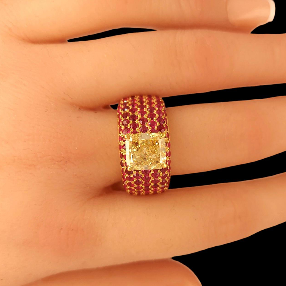 7ct Radiant Cut Fancy Yellow Sapphire Ring &Ruby Paved