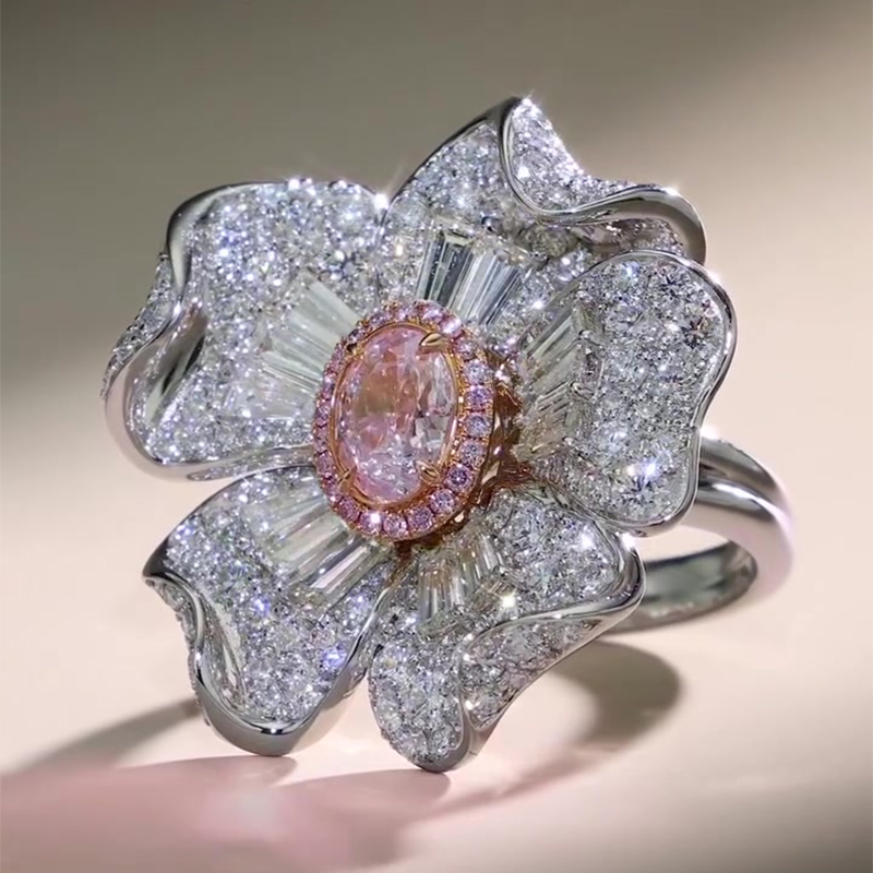 Fashion 2.75ct Oval Cut Pink Sapphire Pave Multi-Cut 3D Flower Engagement Ring
