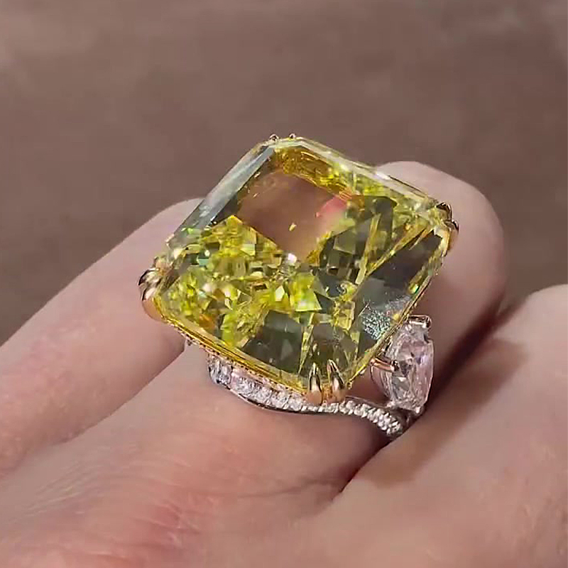 3.5ct Cushion Cut Yellow Sapphire Two Tone Pave Set Cocktail Ring