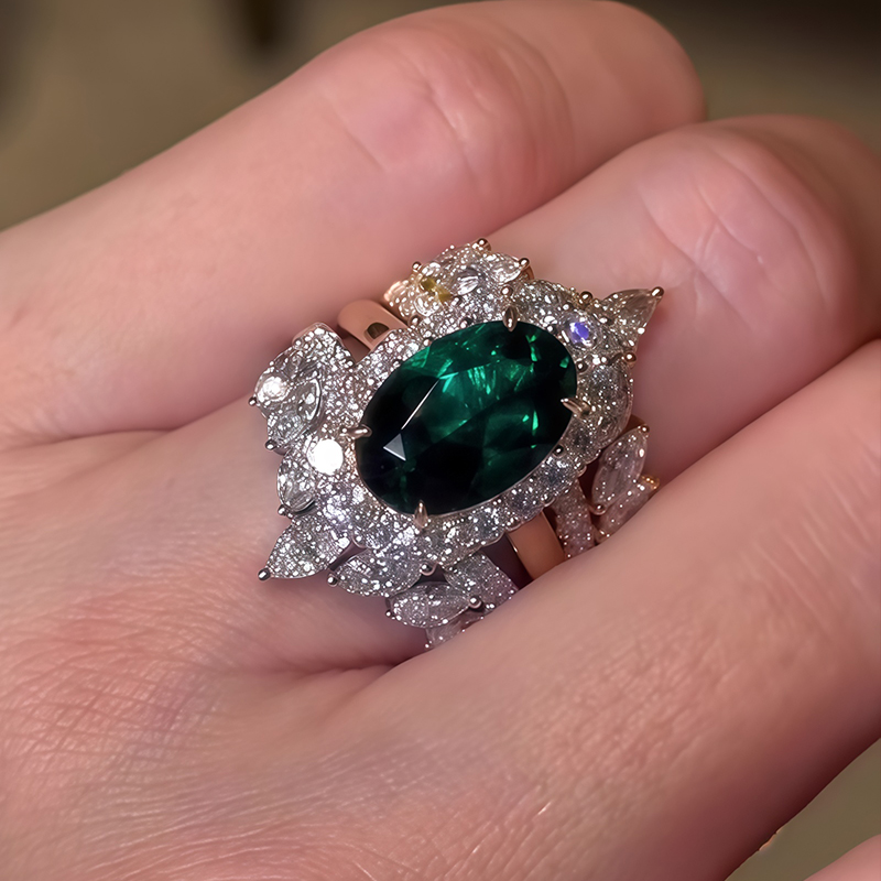 Halo 4ct Oval Cut Emerald Sapphire Wedding Set/3pcs