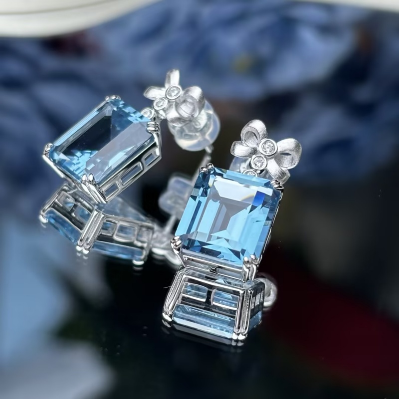 Original Design - Emerald Cut Aquamarine Sapphire Dangle Earrings