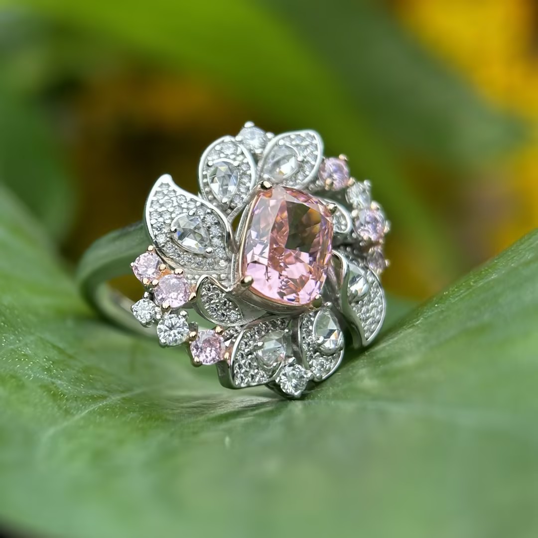 Original Design - 2ct Cushion Cut Pink Sapphire & White Moissanite Engagement Ring