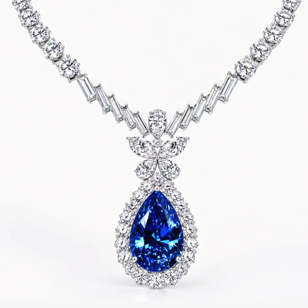 Original Design - Luxury Pear Cut Blue Sapphire & White Moissonite Necklace