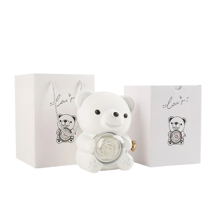 White Hug Bear Preserved Flower Jewelry Box