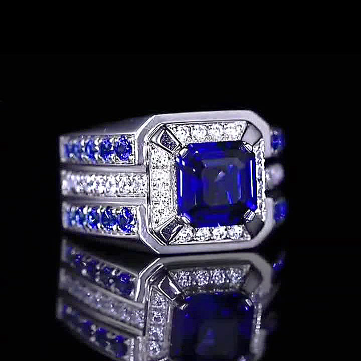 4ct Asscher Cut Blue Sapphire Men's Engagement Ring