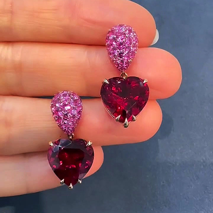 Heart Cut Ruby Sapphire Drop Earrings