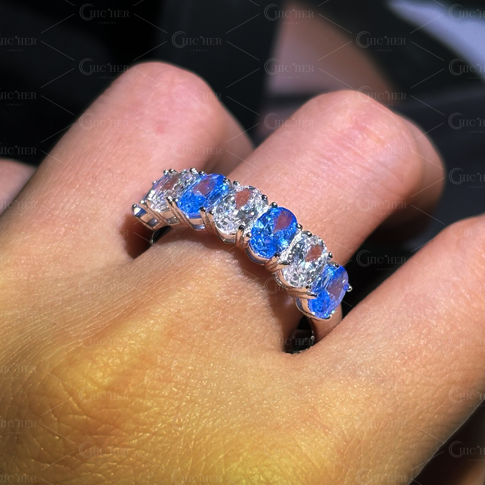 3.5ct Seven-Stone Oval Cut Aquamarine Eternity Ring
