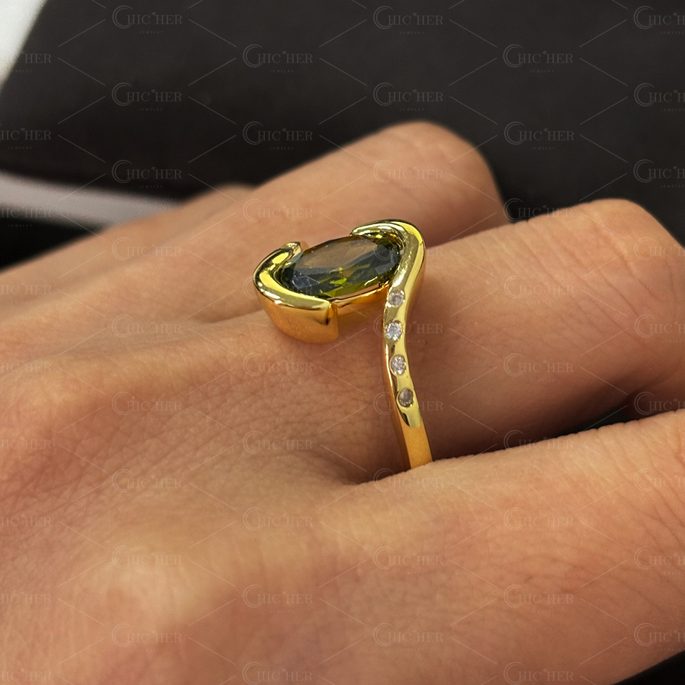 Bypass Design 4ct Oval Cut Tourmaline Green Sapphire Engagement Ring