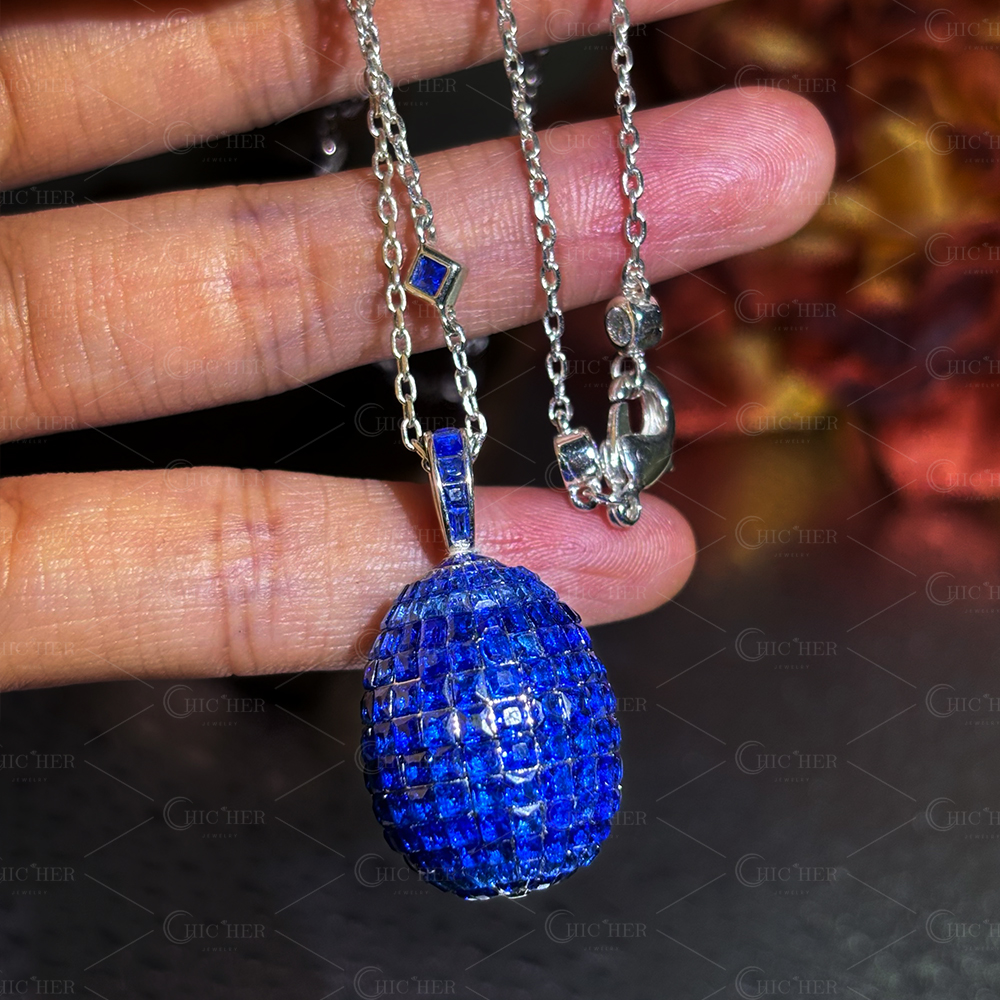 Invisible Setting Princess Cut Rainbow Egg Pendant Necklace