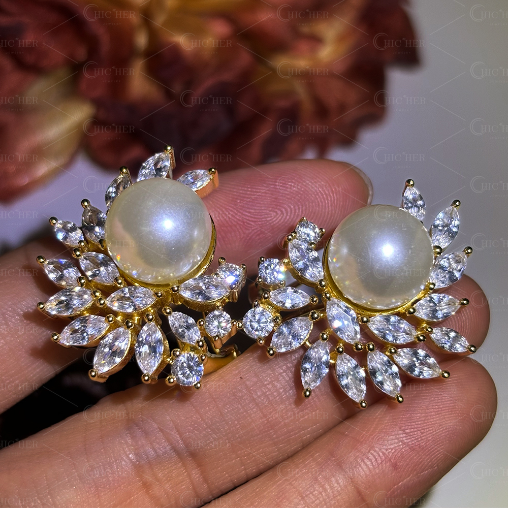 Art Deco Gold Pearl&Diamond Stud Earrings