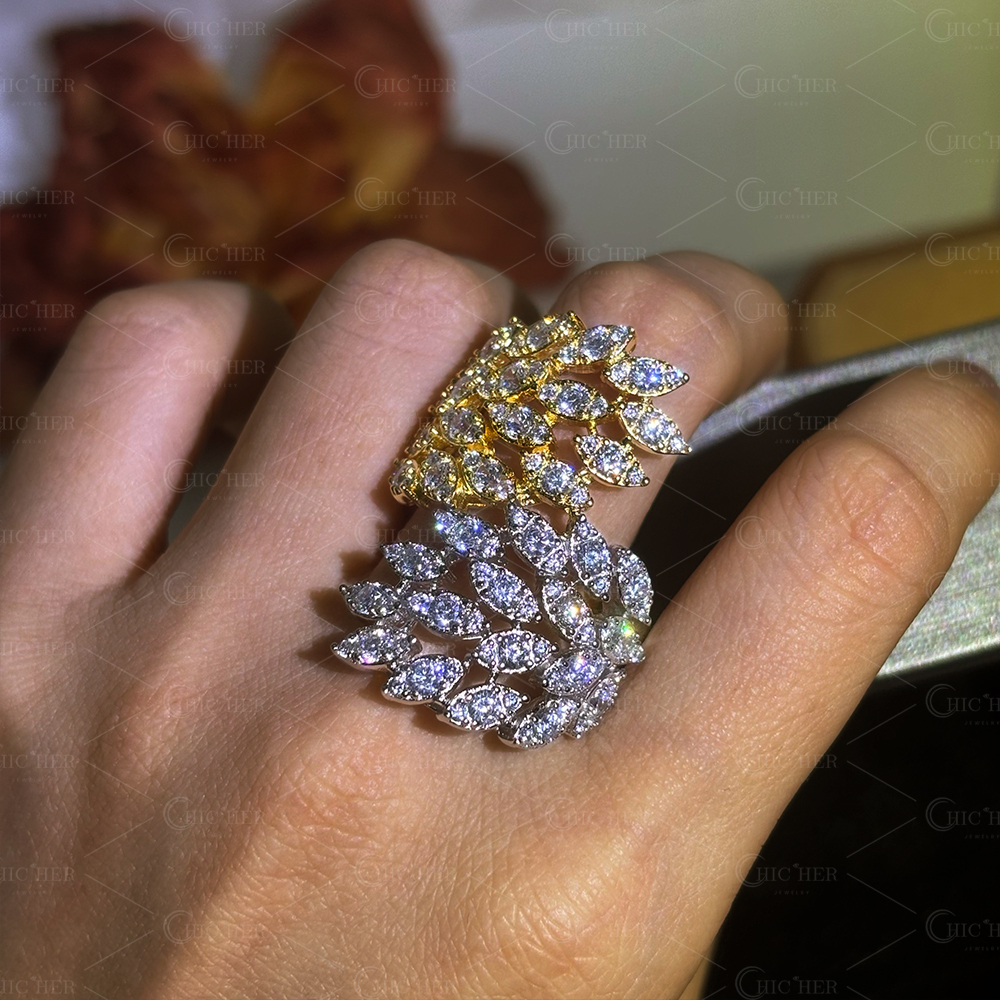 Two Tone Leaves 1.8ct Round Cut White Sapphire Cocktail Ring