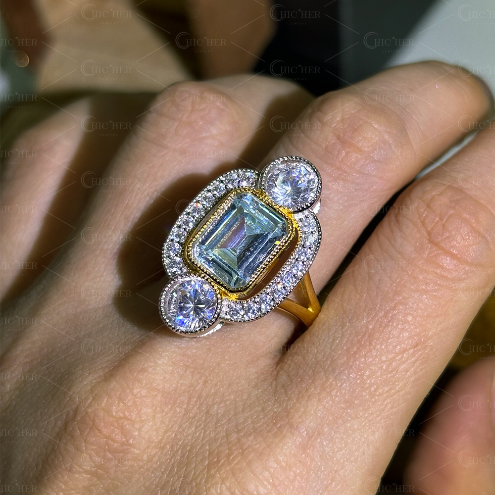 4ct Art Deco Design Emerald Cut Aquamarine Ring