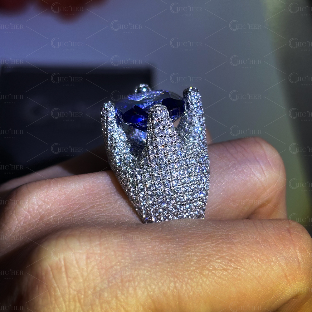 7ct Paved Setting Cushion Cut Blue Sapphire Cocktail Ring