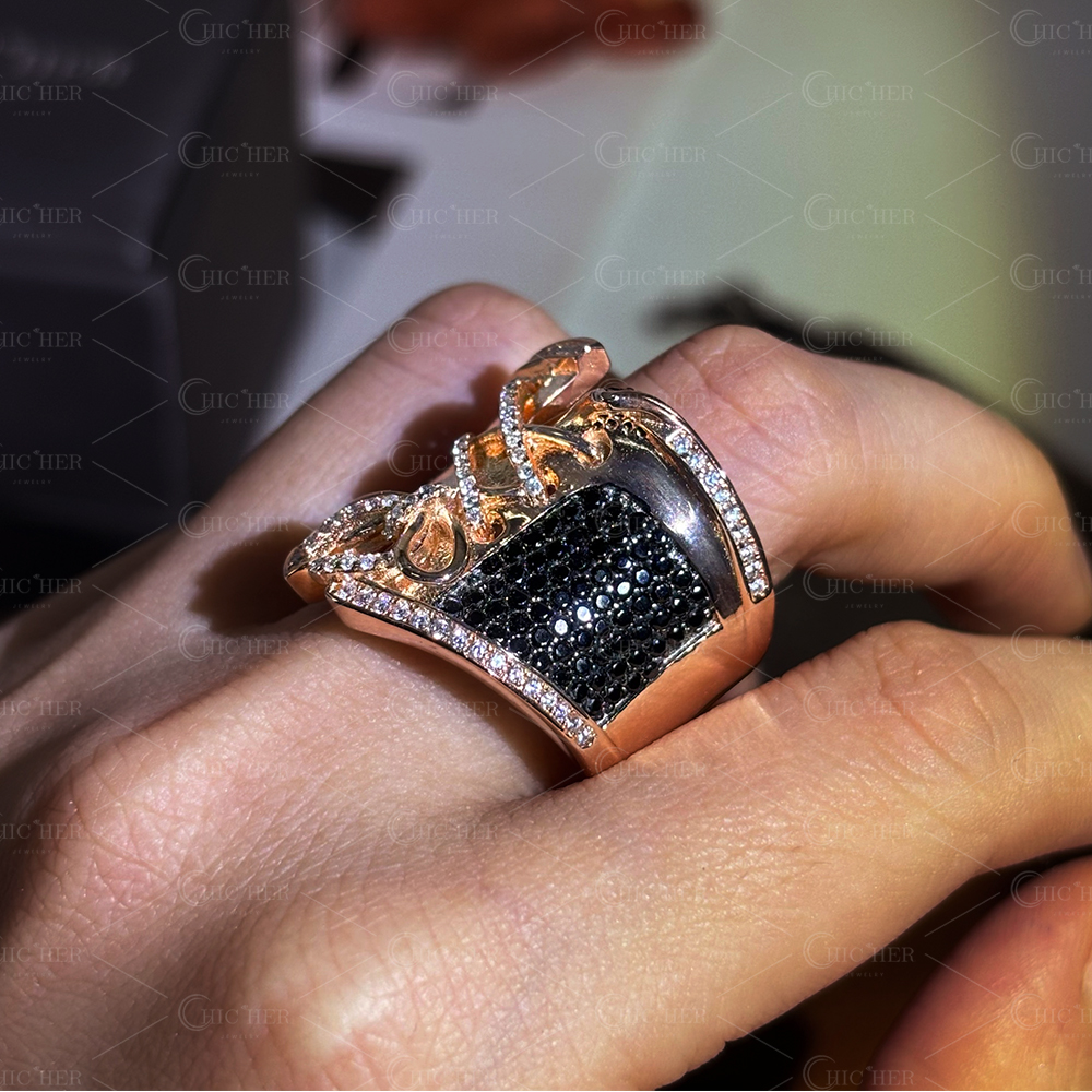 Bustier Design 2.95ct Black&White Sapphire Pave Cocktail Ring