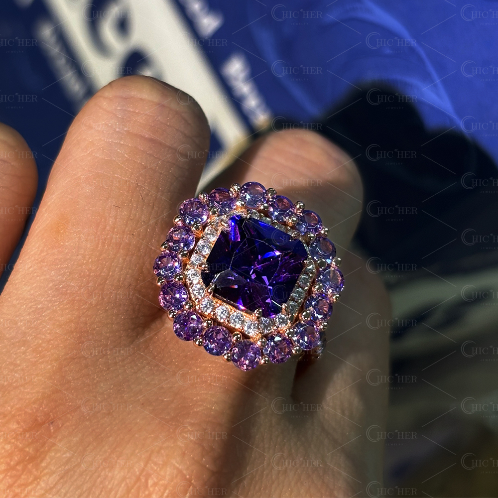 Double Halo 4ct Radiant Cut Amethyst Sapphire Engagement Ring