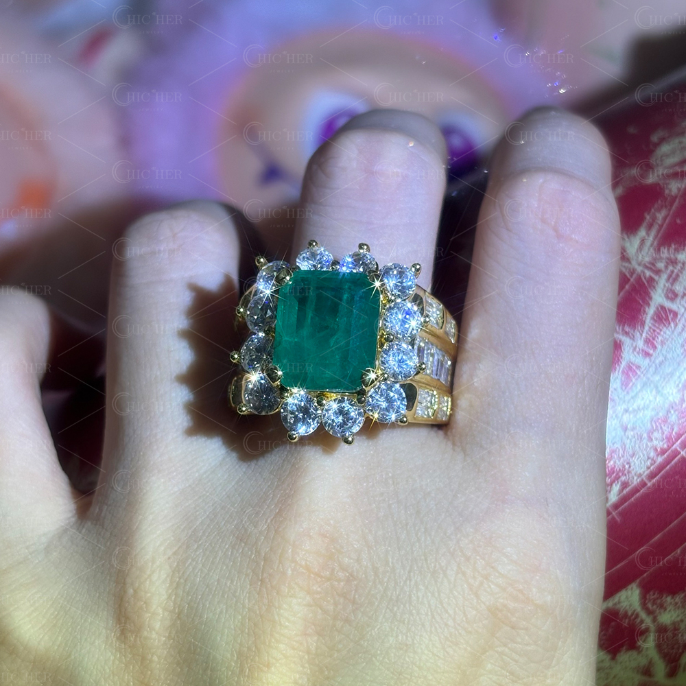 Halo 8ct Emerald Cut Emerald Sapphire Engagement Ring