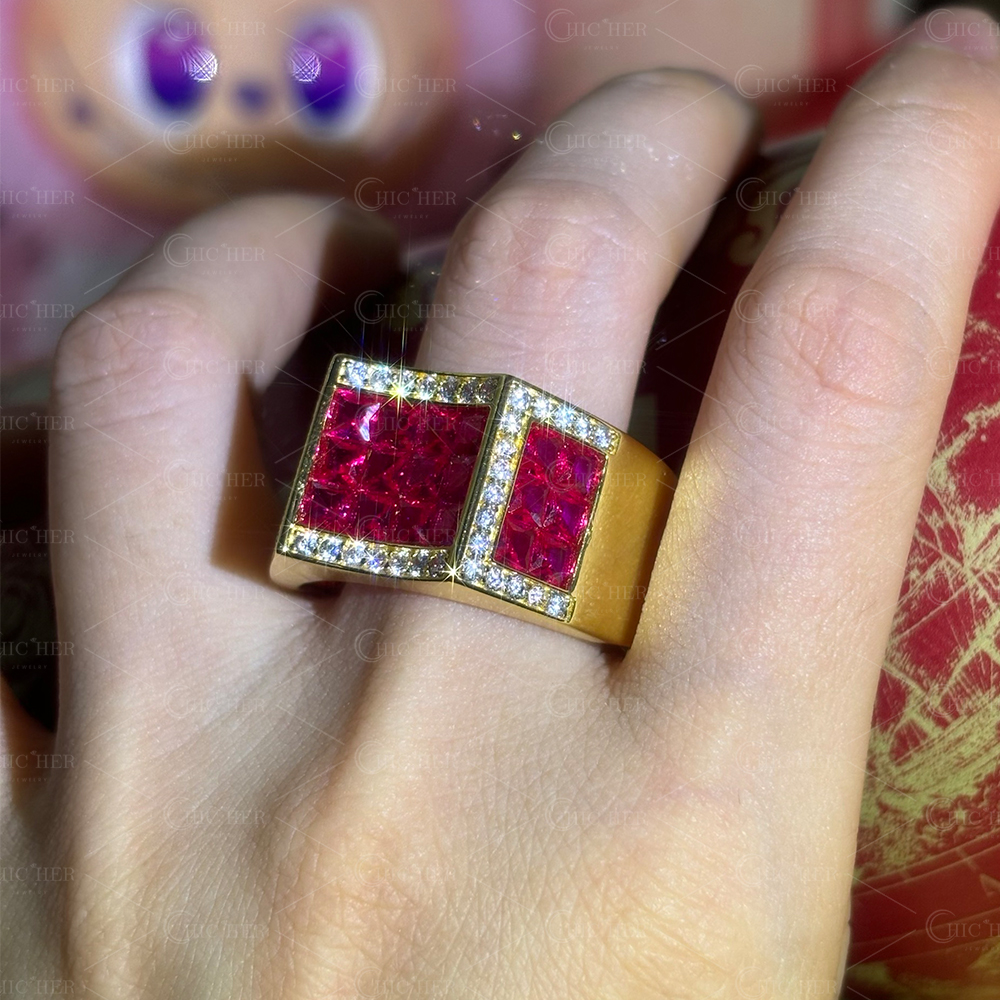 Invisible Setting 4.9ct Princess Cut Ruby Sapphire Men's Band