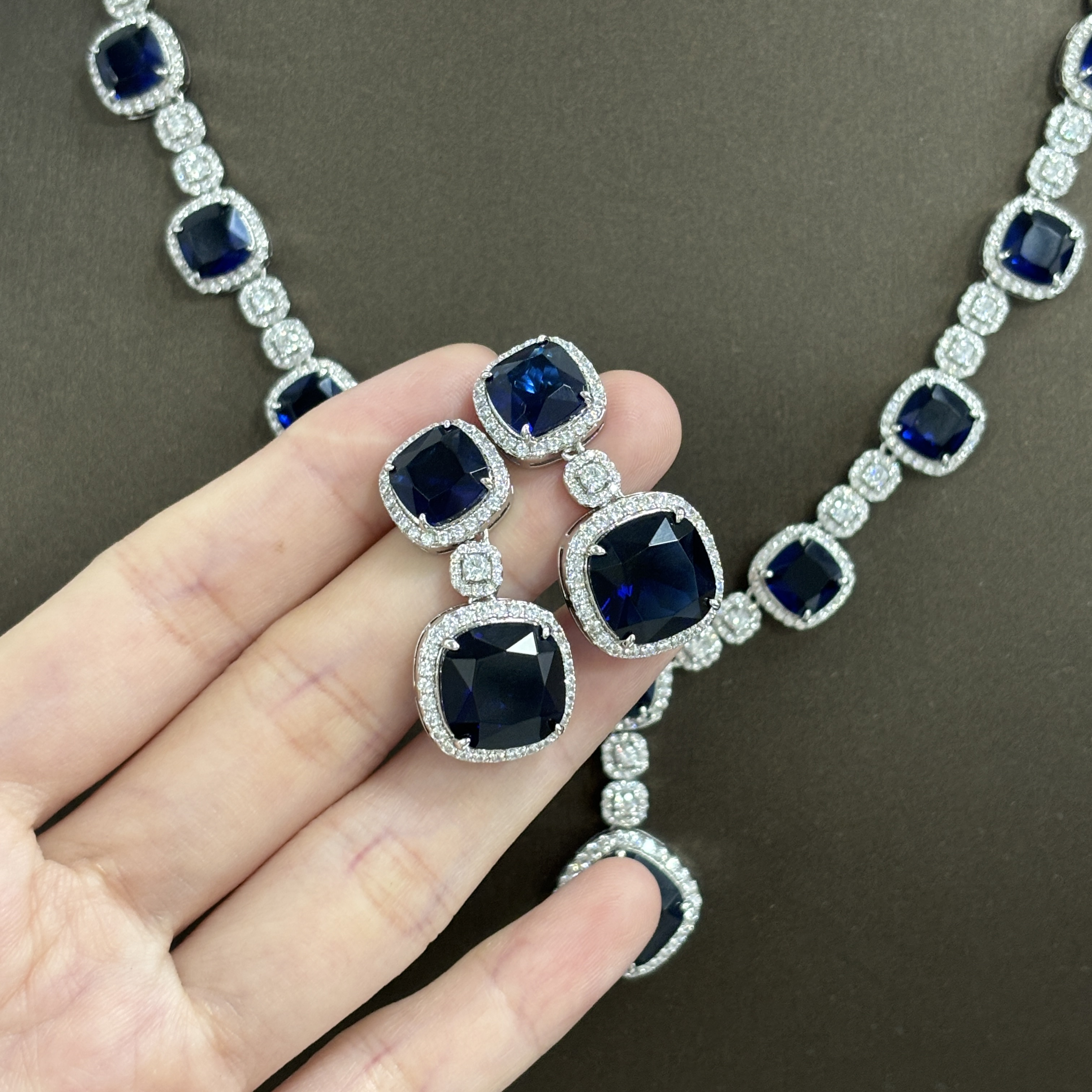 Cushion Cut Blue Sapphire Necklace&Earrings Set/2pcs