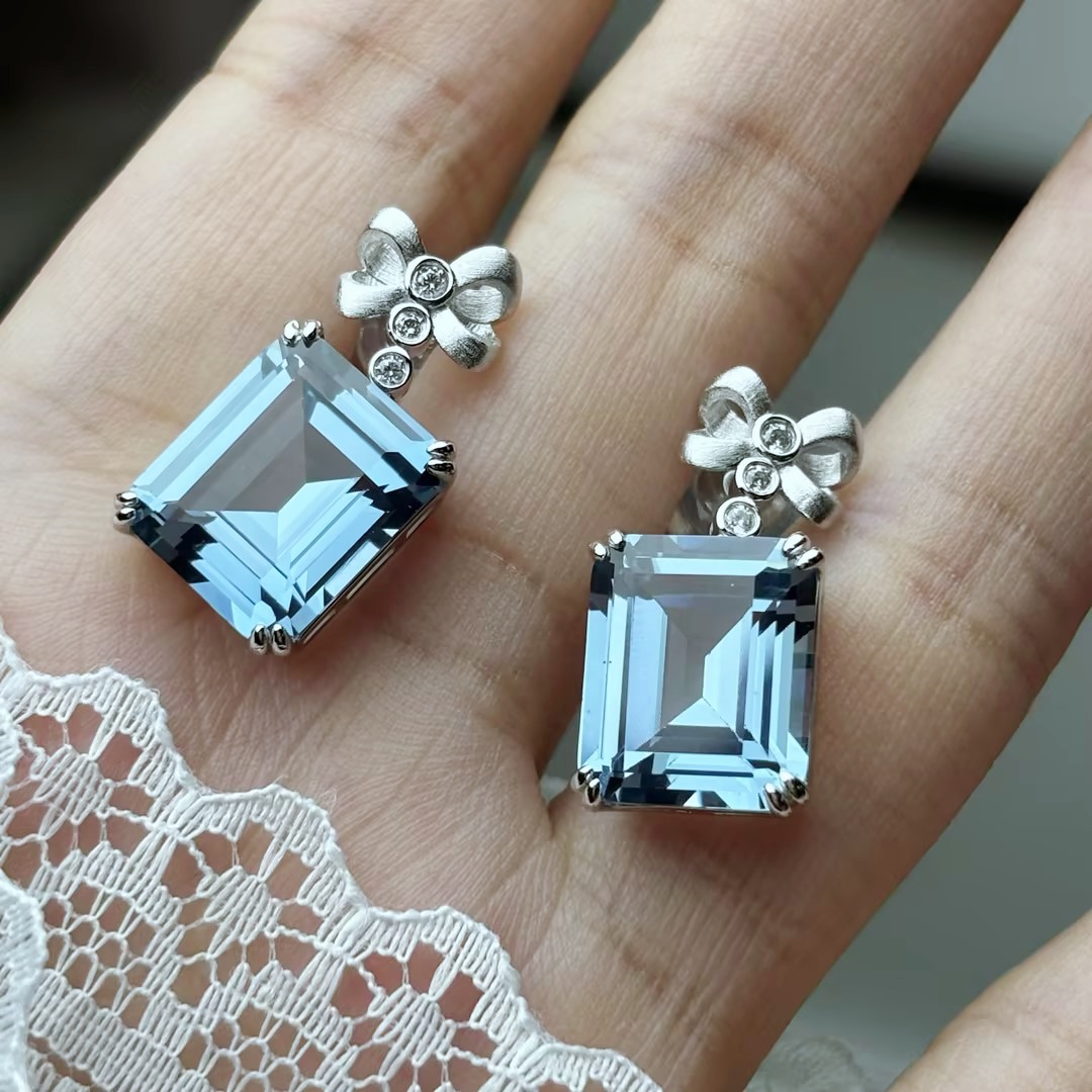 Original Design - Emerald Cut Aquamarine Sapphire Dangle Earrings