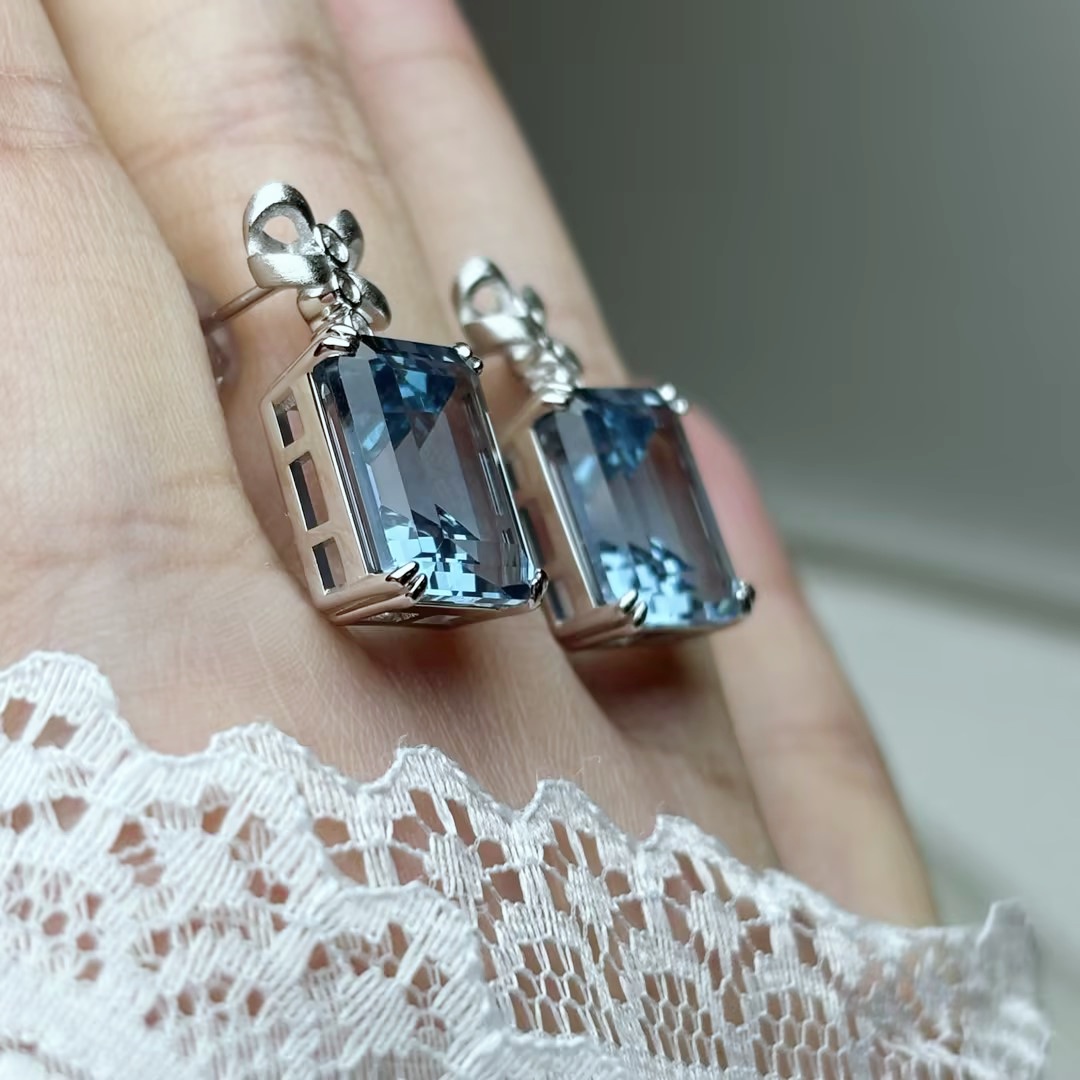 Original Design - Emerald Cut Aquamarine Sapphire Dangle Earrings