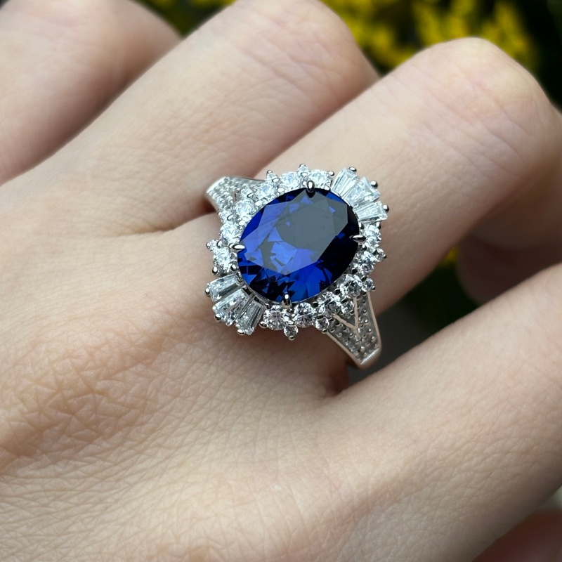 Original Design - 4ct Oval Cut Blue Sapphire & White Moissanite Engagement Ring