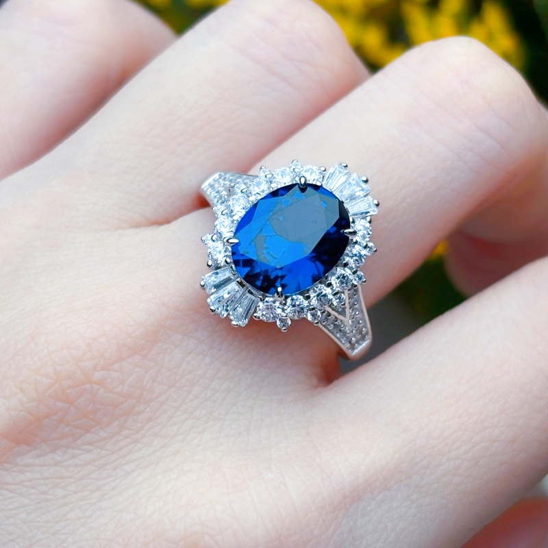Original Design - 4ct Oval Cut Blue Sapphire & White Moissanite Engagement Ring