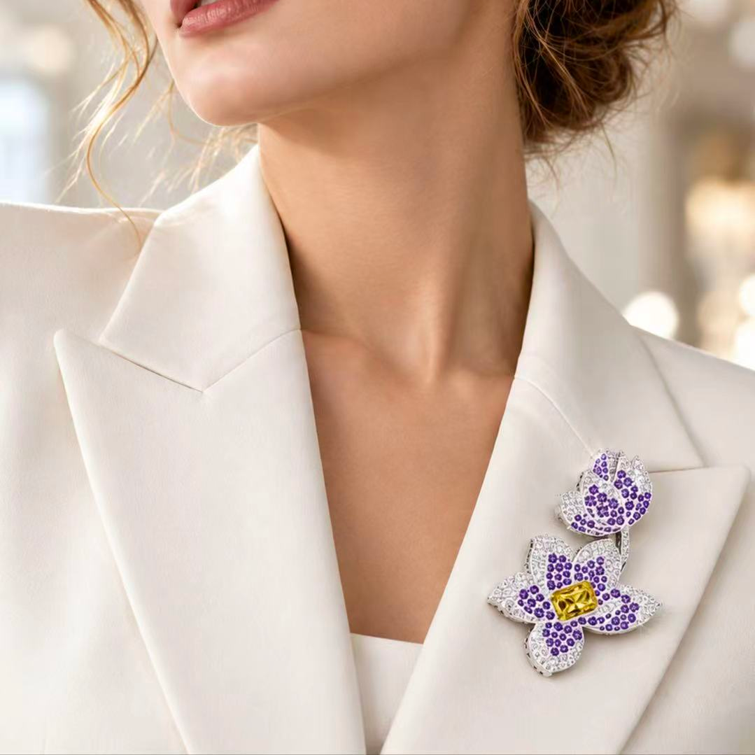 Original Design - Radiant Cut Yellow Sapphire Flower Brooch