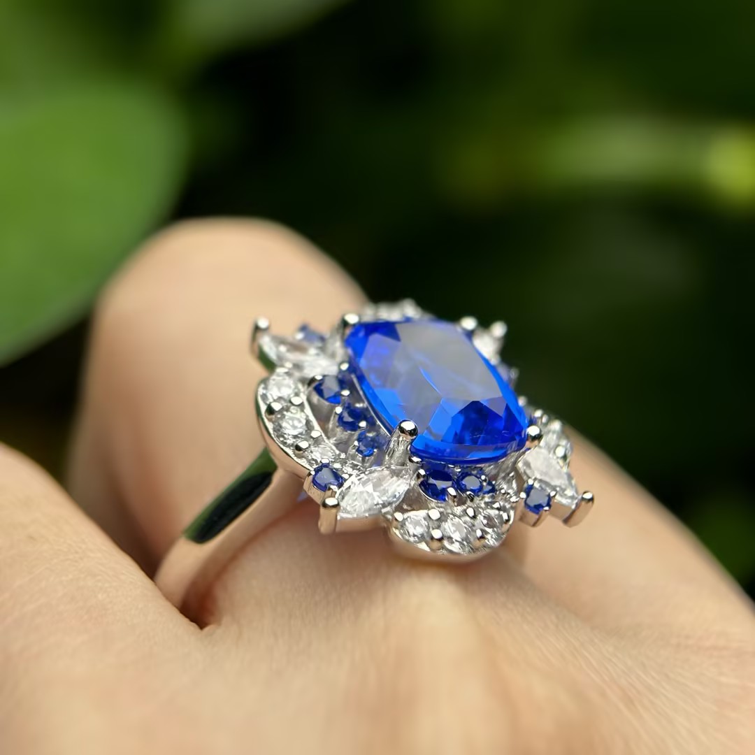 Original Design - 3ct Cushion Cut Blue Sapphire Engagement Ring