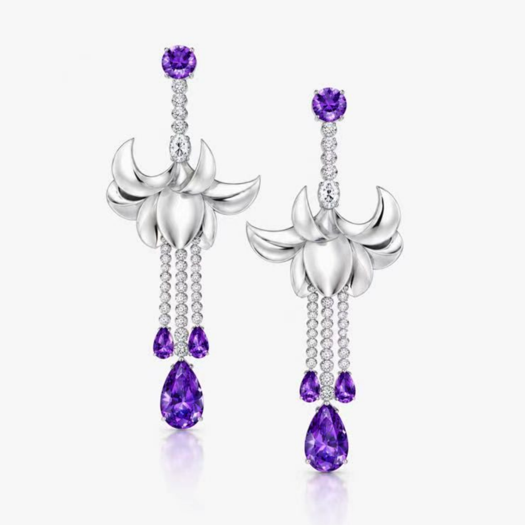 Original Design - Pear Cut Amethyst Sapphire Flower Dangle Earrings - 1 Pair