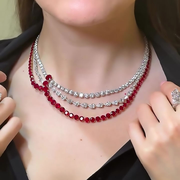 Round&Pear Cut Ruby Sapphire Necklace