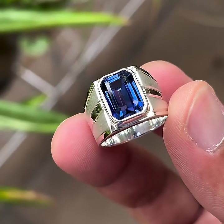 5ct Bezel Setting Emerald Cut Blue Sapphire Men's Engagement Ring