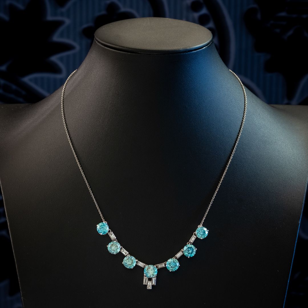 Round & Baguette Cut Aquamarine Sapphire Necklace