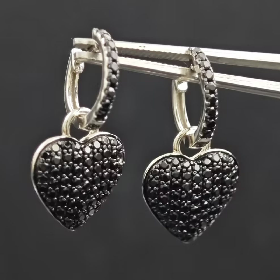 Micro-pave Setting Black Sapphire Heart Dangle Earrings