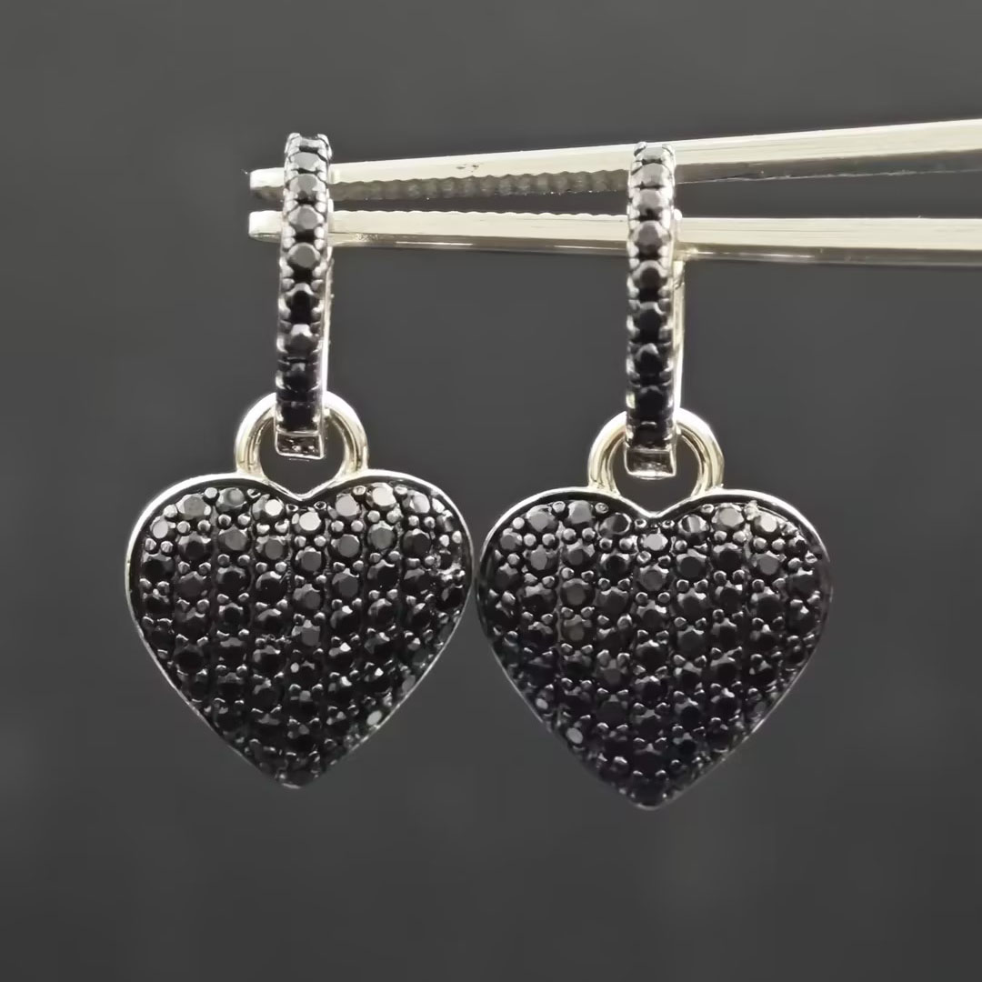 Micro-pave Setting Black Sapphire Heart Dangle Earrings