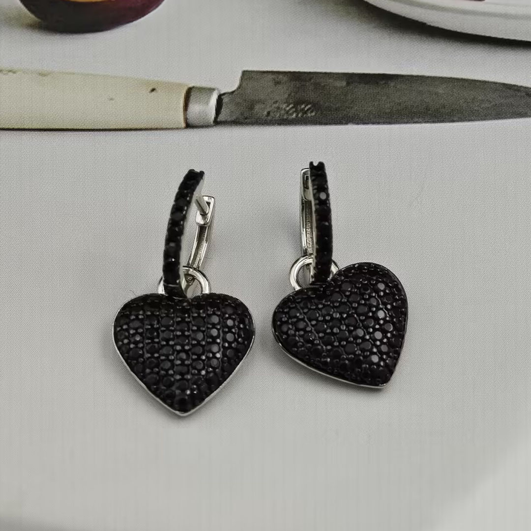 Micro-pave Setting Black Sapphire Heart Dangle Earrings
