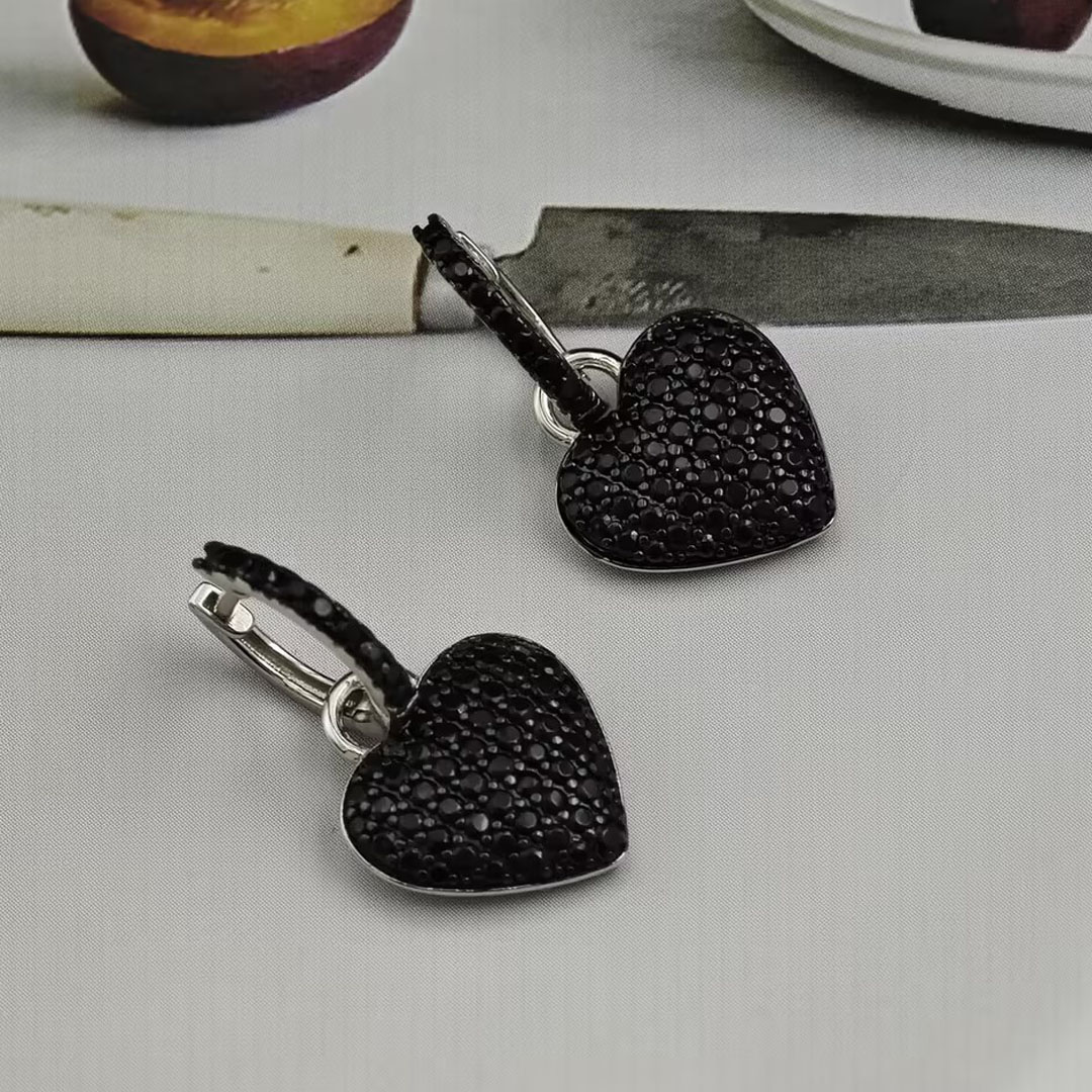 Micro-pave Setting Black Sapphire Heart Dangle Earrings